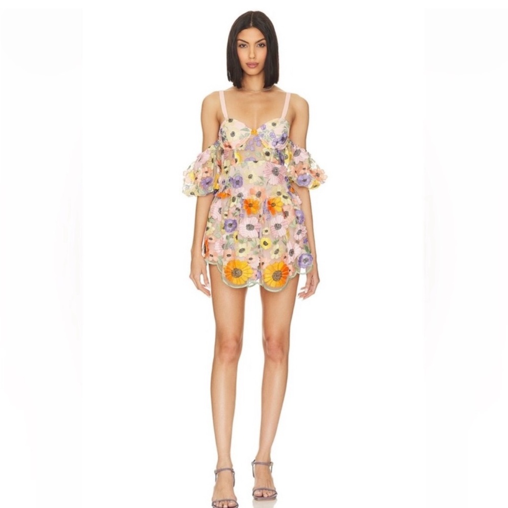 RARE Free People For Love & Lemons Prato Mini Dress Floral Embroidered